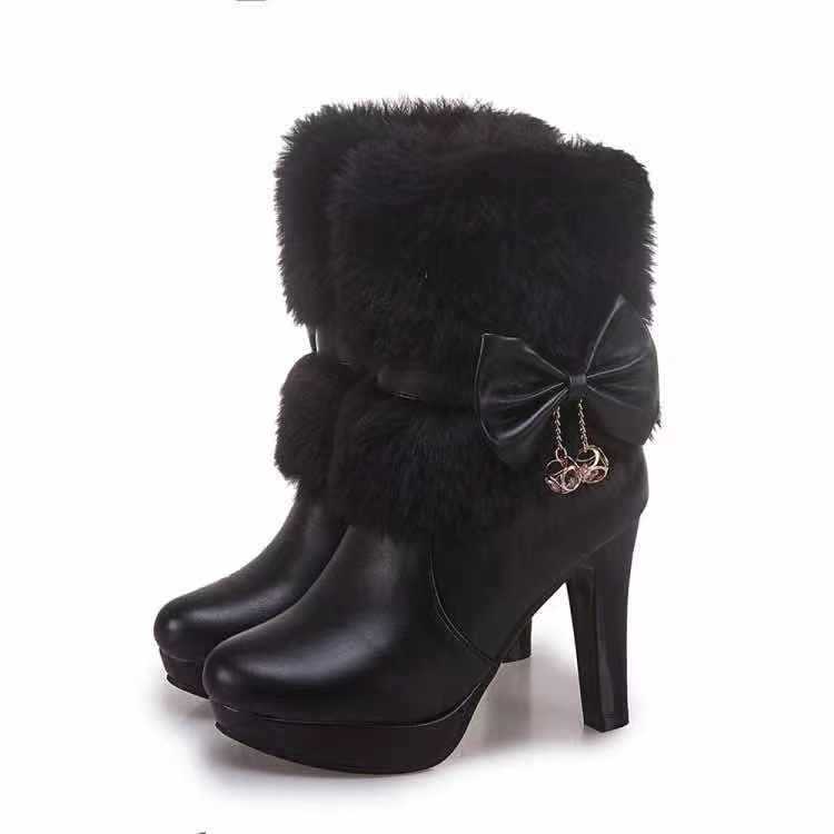 Women'S Winter Warm Fleece-Lined Ankle Boots with Plush Furry Collar & Bowknot - Chunky Heel, Round Toe, Zipper Closure, Lightweight Durable PU Cover, Cushioned Insole & Arch Support - Elegant Cold-Proof Boots for Outdoor Walking, Casual & Formal Ou
