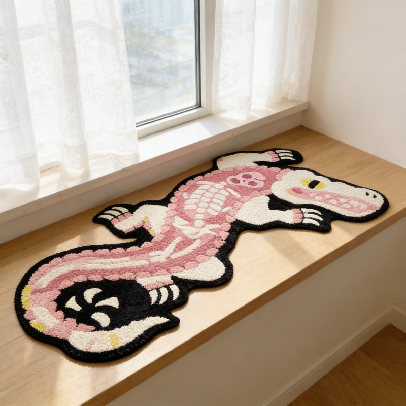 TEMU Faux Imitation Cashmere + 900g + 9mm Dopamine Pink Crocodile Pattern Living Room Coffee Table Plush Rug, American-style Parody Fun Skeleton