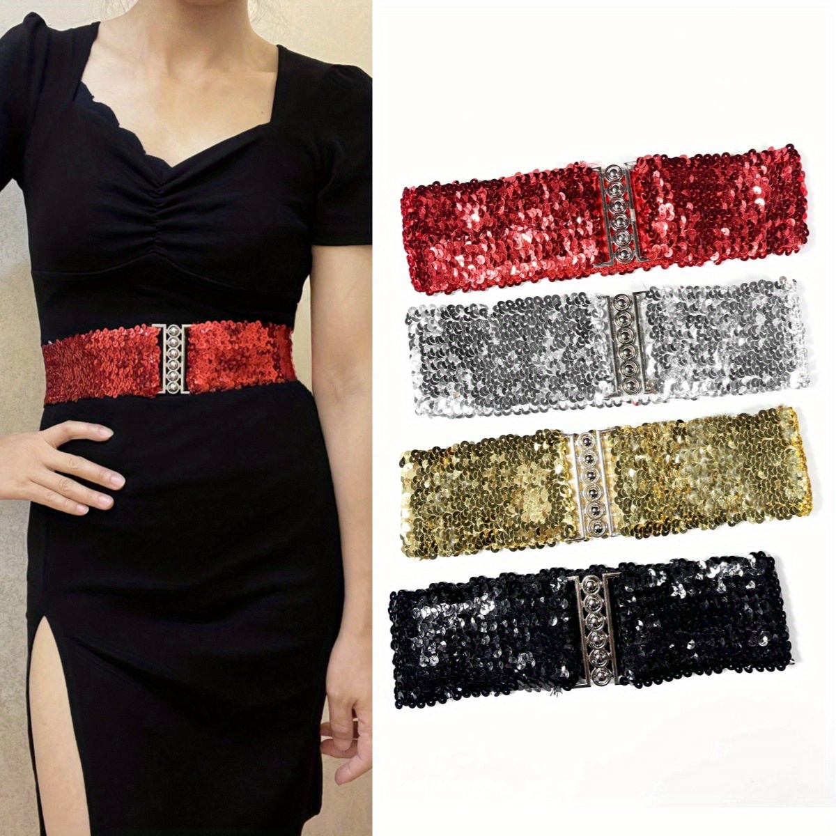 

Chic Women's Sequin Belt - Adjustable Waist Chain In Metallic Design, Dresses & Coats - Accessory For Parties, Weddings, And Casual