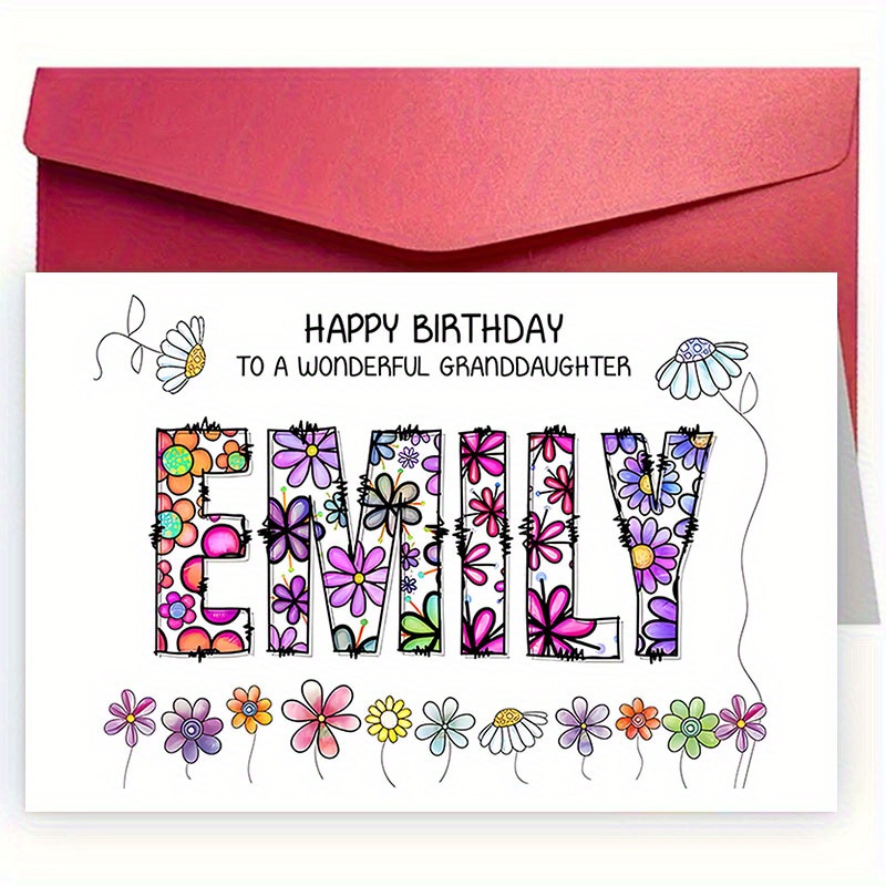TEMU 1pc Birthday Card For Granddaughter, With Envelope - Vibrant , Name "emily", Encouraging And Loving Message, Perfect Gift From Grandparents,