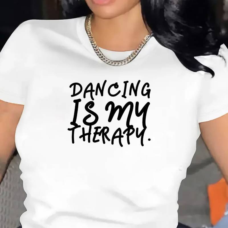 

1pc Women's Casual Polyester T-shirt With "dancing Is My Therapy" Print, Round Neck, Stretch Fabric, Sporty Style,