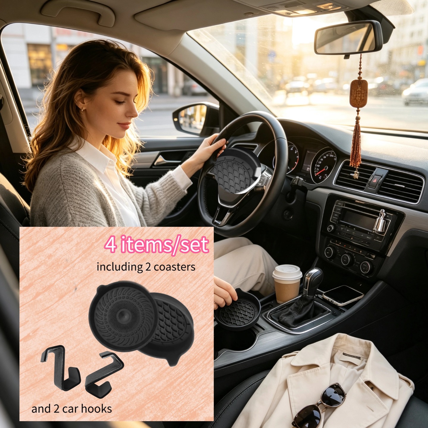 TEMU Car Silicone Coaster Car Universal Round Car Storage Slot Anti-slip Mat Water Cup Base Mat, 2 Coasters And 2