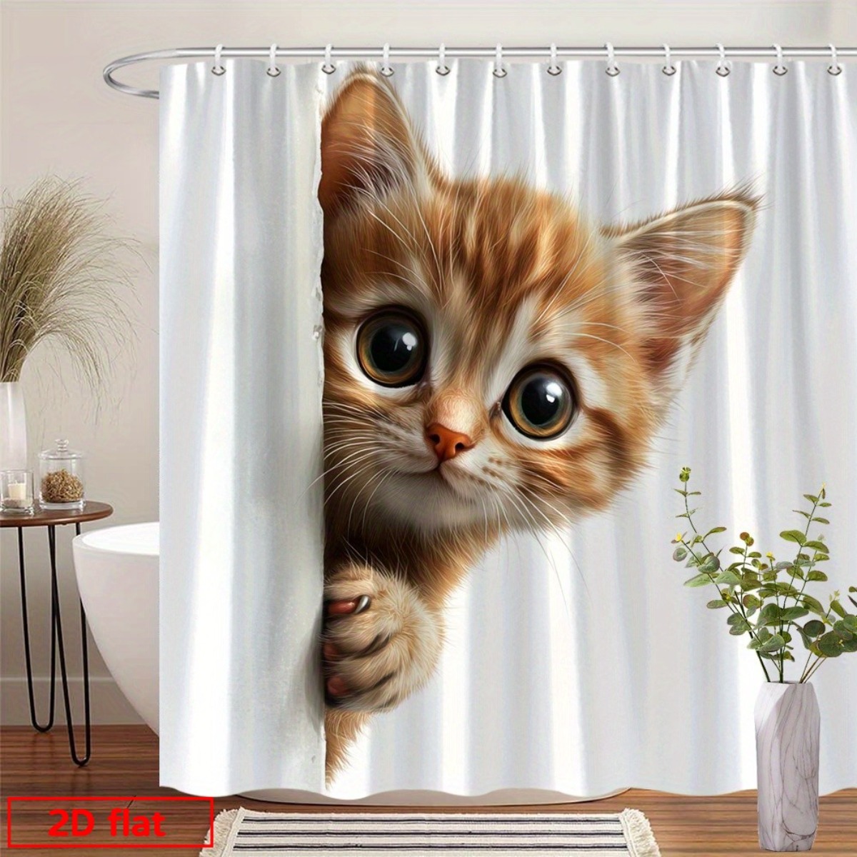 TEMU 2d Flat, 1pc Realistic Orange Tabby Kitten Shower Curtain With Peeking - Soft Fur Texture Suitable For Bath Decor, Machine Washable Curtain With