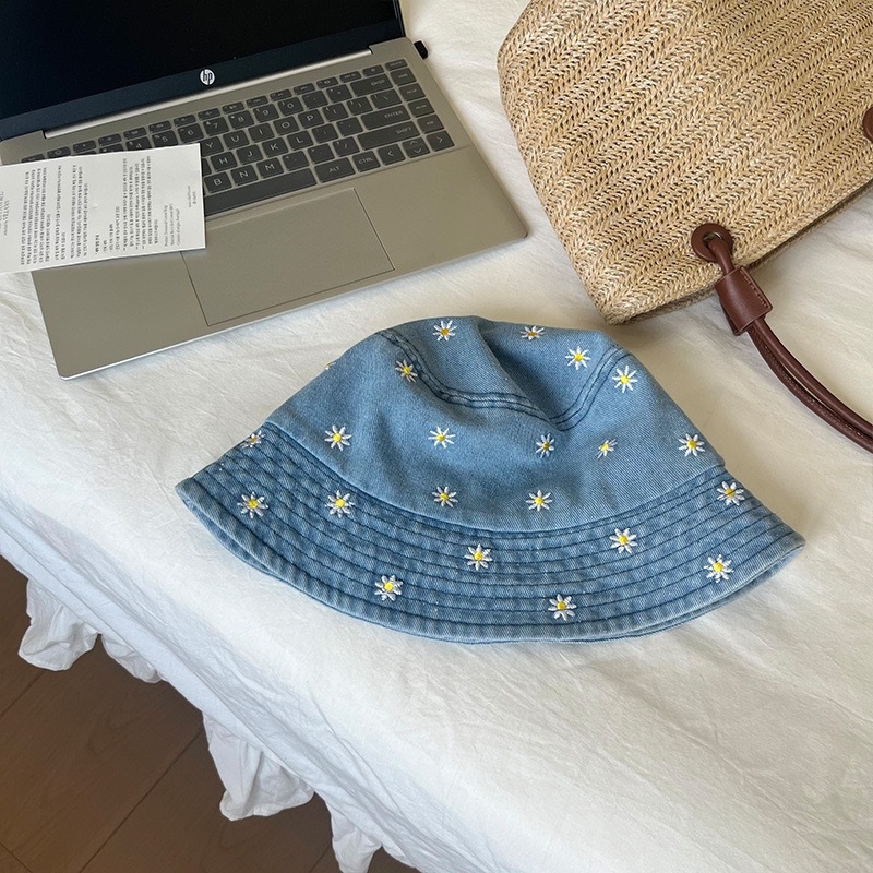 TEMU 【レディース】小さなデイジー刺繍ドデニム バケットハット、春夏に最適でファッショナブルで万能、ヴィンテージ風バスンハット
