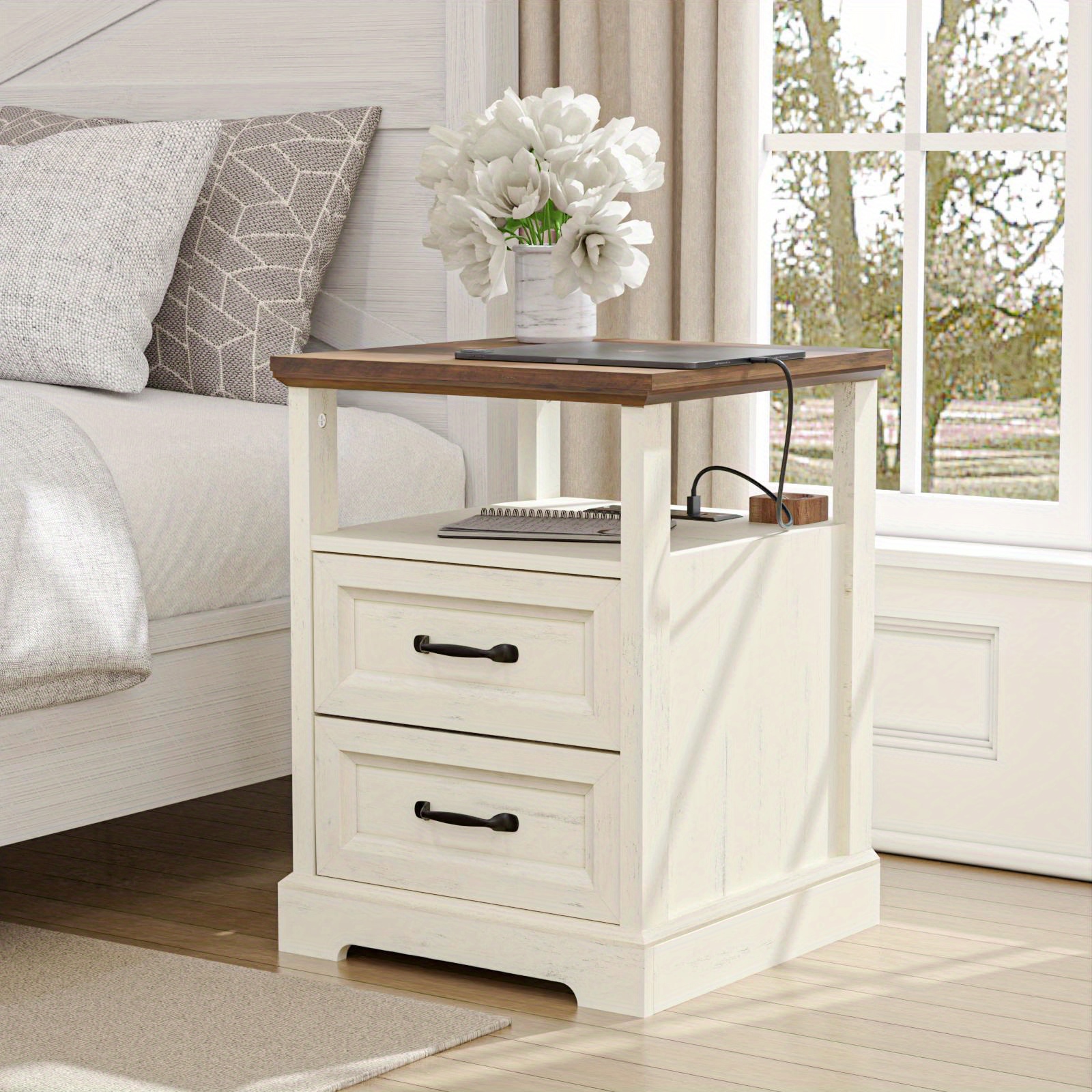 Farmhouse 2-Drawer Nightstand with Charging Station & Open Shelf