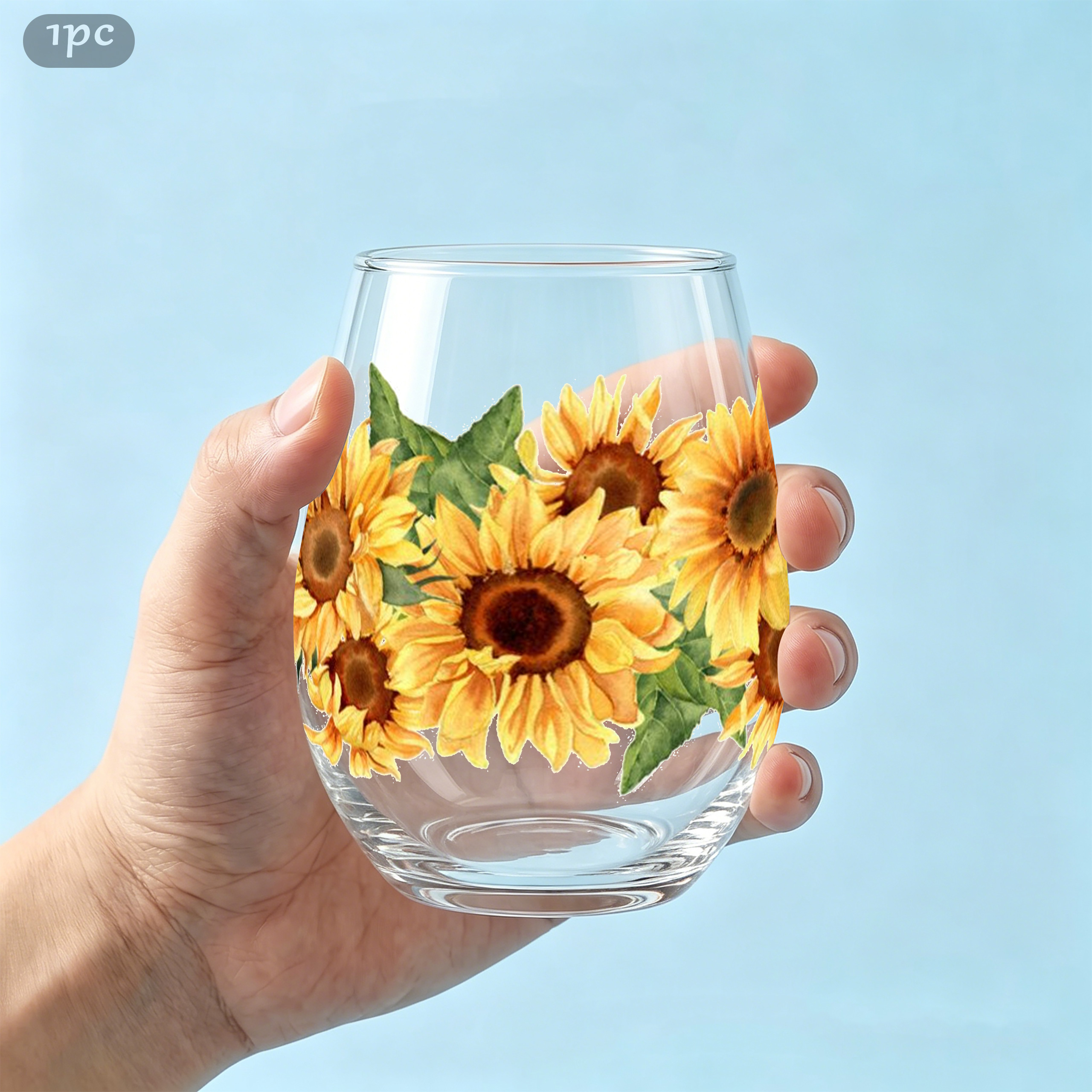 TEMU 1pc Full Print Sunflower Repeating Floral Print 350ml Egg-shaped Glass, Drinking Cup, Juice Cup, Stemless Wine Glass, And Whiskey Cup