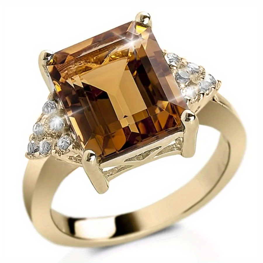 TEMU An Exquisite Ladies' Copper Romantic Proposal Ring, An Elegant Promise Ring Set With A Princess-cut Yellow Synthetic Cubic Synthetic Zirconia, A