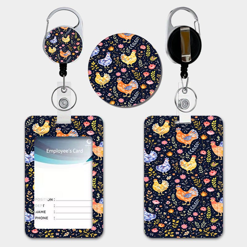 TEMU Cartoon Chicken Pattern Floral Pastoral Style Personalized Card Holder Set With Retractable Lanyard And Key Chain Durable Plastic Card Holder