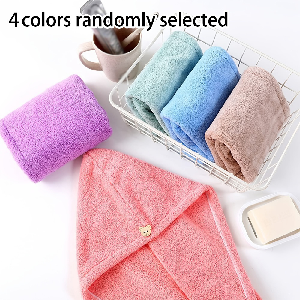 TEMU 4pcs Set Of Hair Towels In Random Colors, With Snap-button Closure - Quick-drying, Soft, And Stylish Women's Shower Caps, , Ideal For Use After