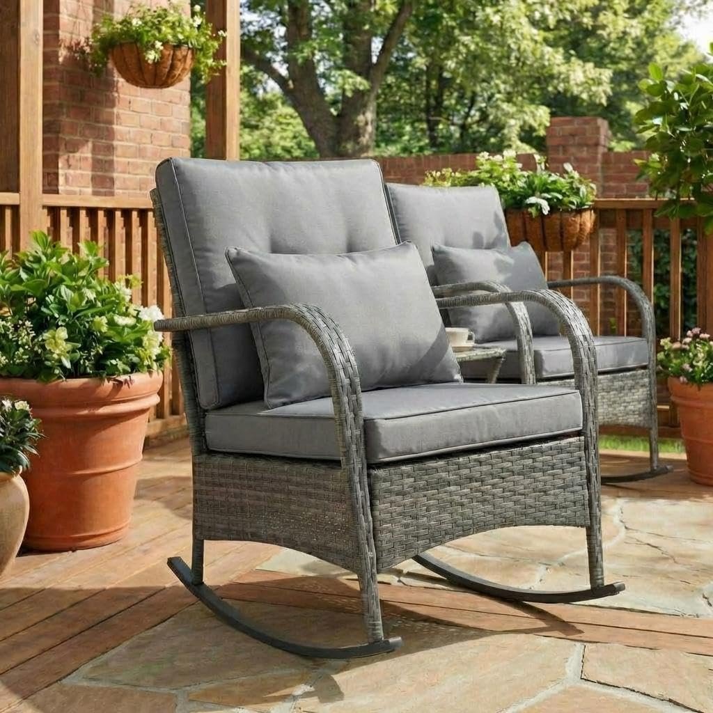 2026 New Courtyard Dining Tables and Chairs, 2pcs Outdoor Wicker Rocking Chair Set, Rattan Rocking Chair with Thick Cushions & High Back, All-Weather Wicker Rocking Bistro Set for Porch, Patio, Balcony