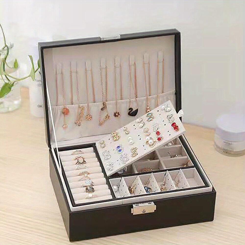 

Jewelry Box Double Layer Storage Cosmetics Holder Pvc Large Storage Case Ring Box Organizer Classic Jewelry Display Case Holder Cufflink Storage Tray For Rings And Cufflinks