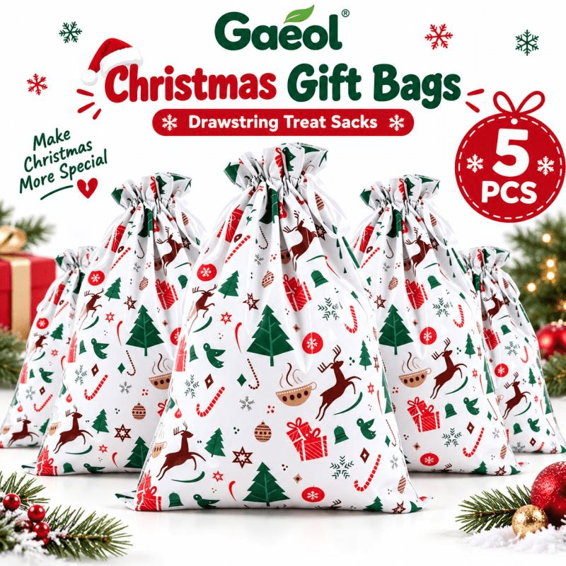 TEMU 5pcs Large Reusable Plastic Christmas Gift Bags With Drawstring Closure - Festive Foil Suitable For Parties, Elegant Suitable For Weddings,