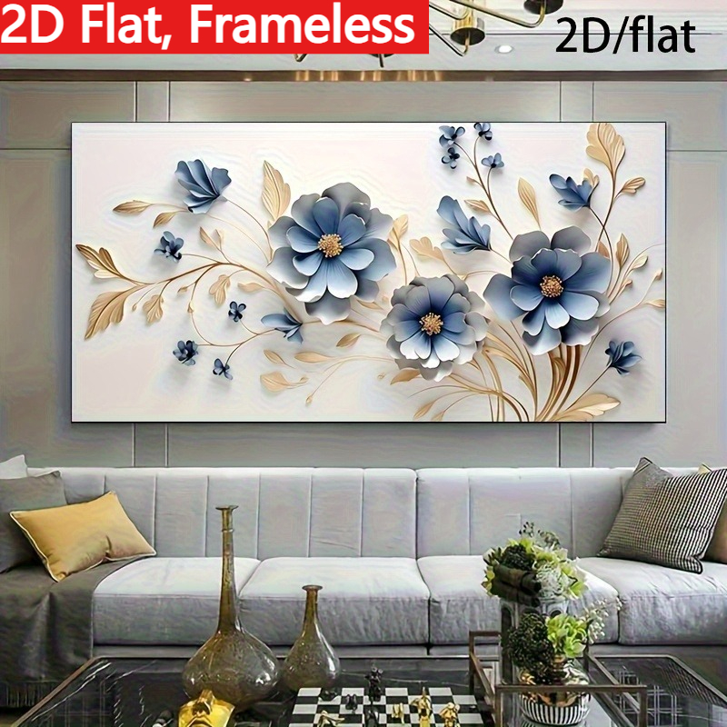 품목 사진 2d 플랫, 2d 플랫, 1개, 프레임리스, 포스터 및 프린트, 골드 잎이 있는 블루 플로럴 아트, 모던 추상 꽃 그림, 평온한 색상 팔레트, 프레임리스 캔버스 벽걸이 그림, 거실, 침실, 사무실 벽 장식, 홈 데코레이션에 적합