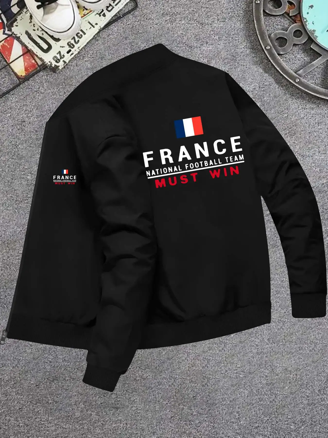 mens france national football team jacket   fit zip up coat with france flag colors machine washable polyester elastane blend stand collar for   casual outerwear for matches training casual attire lightweight winter jacket soccer jersey sports     durable sportswear game day outfit geometric print stretch fabric athletic coat sports enthusiasts black 0
