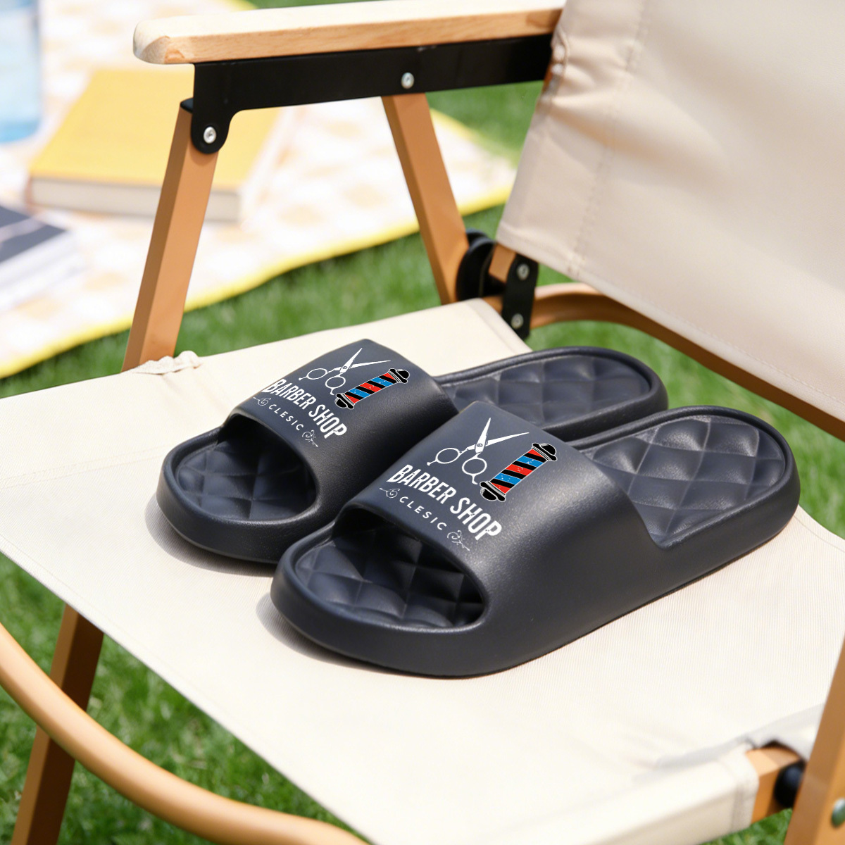 TEMU 1 Pair Barber Shop Printed Plus-size Slippers, Beach Slippers, Pool Slippers, Plus-size Flip-flops, Indoor And Outdoor Slippers, Unisex Design,