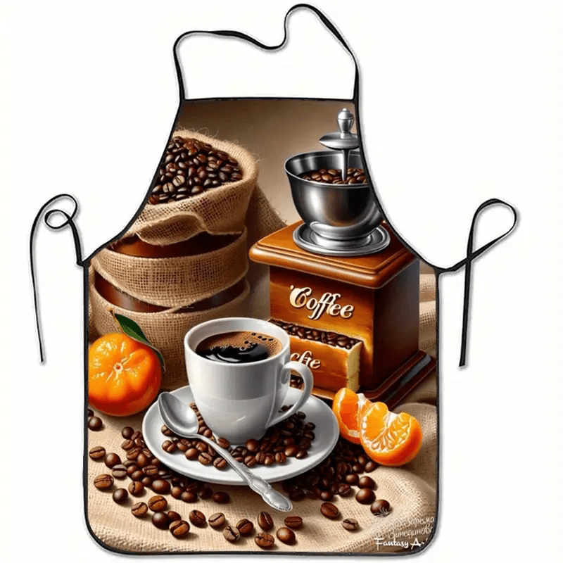 TEMU 1pc Coffee-themed Polyester Apron With Coffee Beans, Grinder, And Cup Design - Ideal For Home Kitchen Use, , Coffee Bar Accessories | Coffee