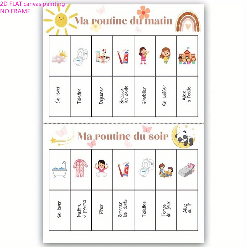 TEMU 2D Plat, 2D Plat, 1pc, Cadre, Art sur Toile ' de Routine et Soir : Se Lever, à la Toilette, Brosser les Dents, S', S'occuper des Cheveux, École,