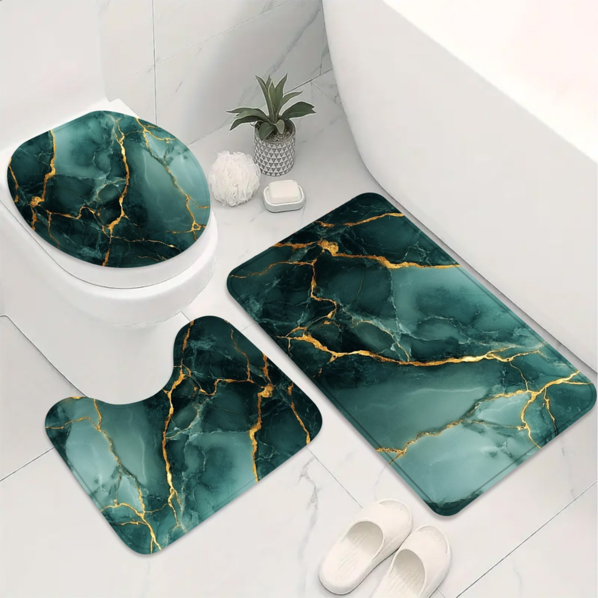 4pcs Luxurious Marble Design Shower Curtain & Non-Slip Rug Set