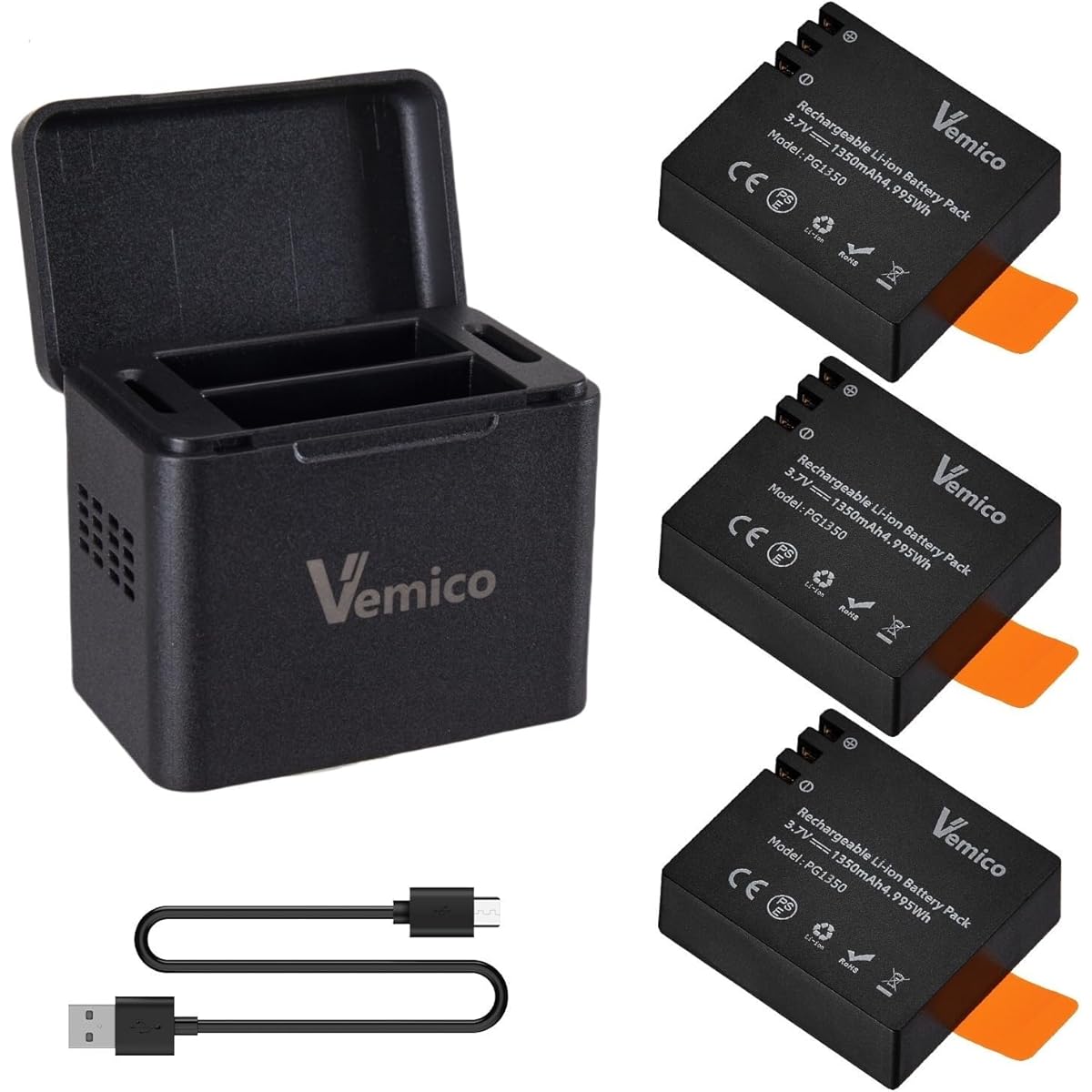 TEMU Action Camera Battery Charger Kit With 3x1350mah Batteries & Pg1050 Charger - Usb-powered Charging, Compatible With
