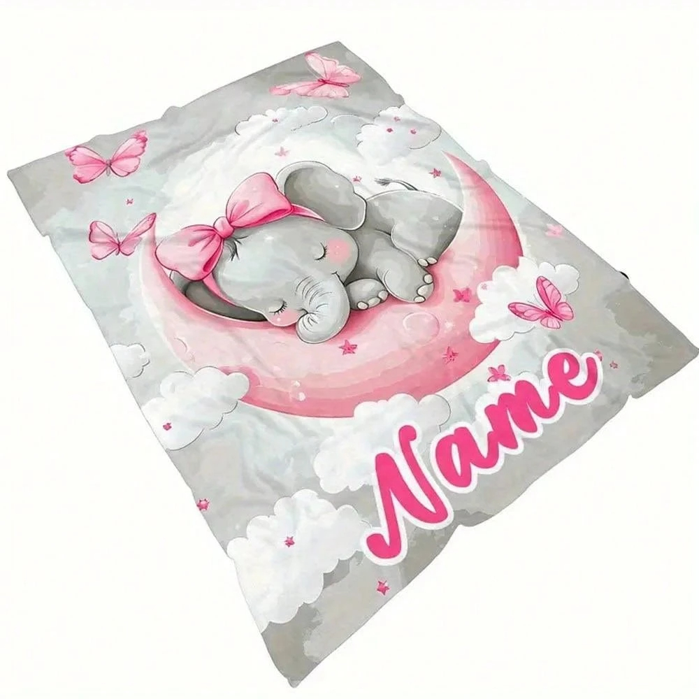 Custom Name Blanket with Light Gray and Pink Elephant Pattern
