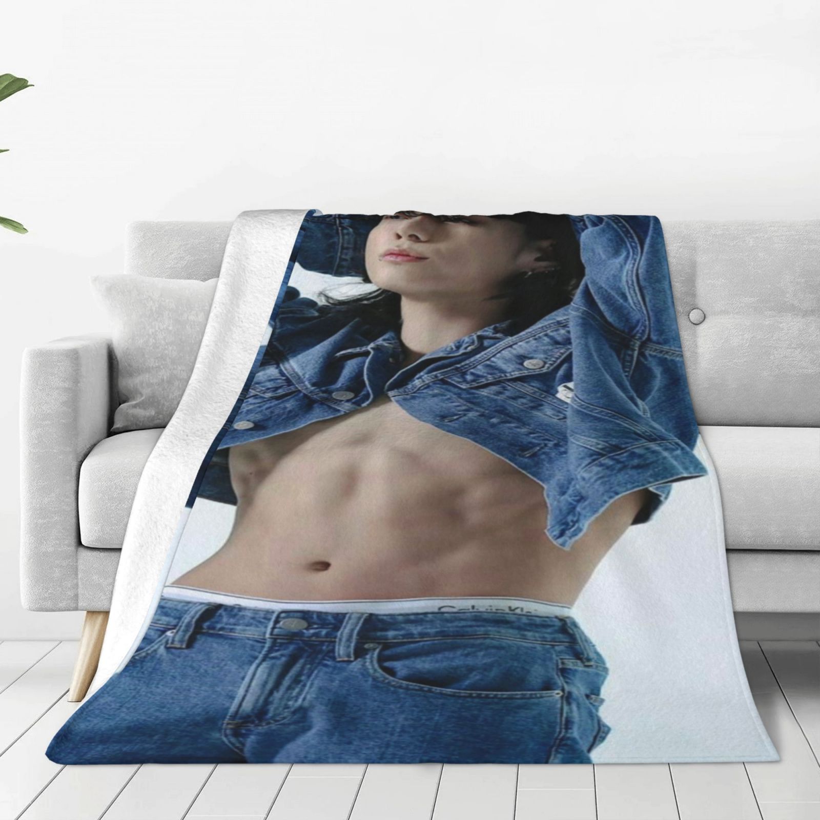 

Contemporary Denim Jacket Print Flannel Throw Blanket - Digital Printed Knitted Polyester Lightweight Fabric, 250-300gsm, Ideal For Napping