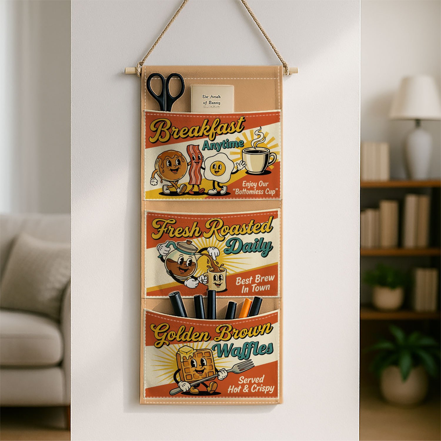 TEMU 1 stuks Vintage Retro Cartoon Ontbijt Wandgemonteerde Opbergtas "Ontbijt Altijd" Warme en Speelse Multi-Use Deur Achterkant Organisatiesysteem,