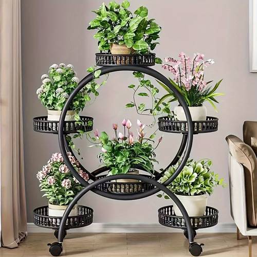 6 Saksılı Bitki Standı, Çiçeklik Tutucu, Ev Balkonu İçin Tepsili Modern Şık Dizayn - ve Paslanmaz Malzeme, 6 ile 65 cm Arası 8 Ayarlanabilir Yüksekliğe Baharatlığa Uygun Rulo Sebze Sepeti