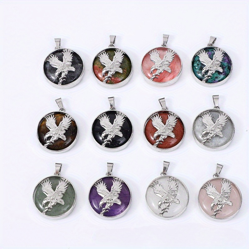 TEMU 5pcs Random Natural Stone Circular Eagle Pendant, Diy Necklace, Bracelet, Keychain, Daily Wear, Universal All Year Round