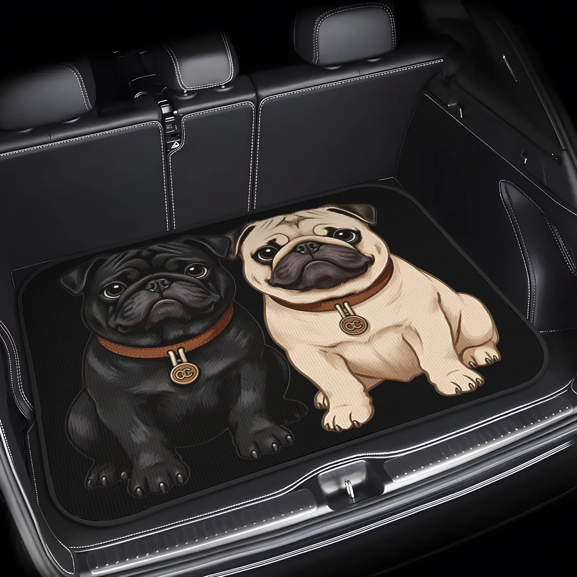 TEMU 1pc Black And Tan Pug-themed Car Trunk Mat With A Design, Sturdy And Tailored To Fit Vehicles, An Ideal Holiday Present For Housewarming, And A