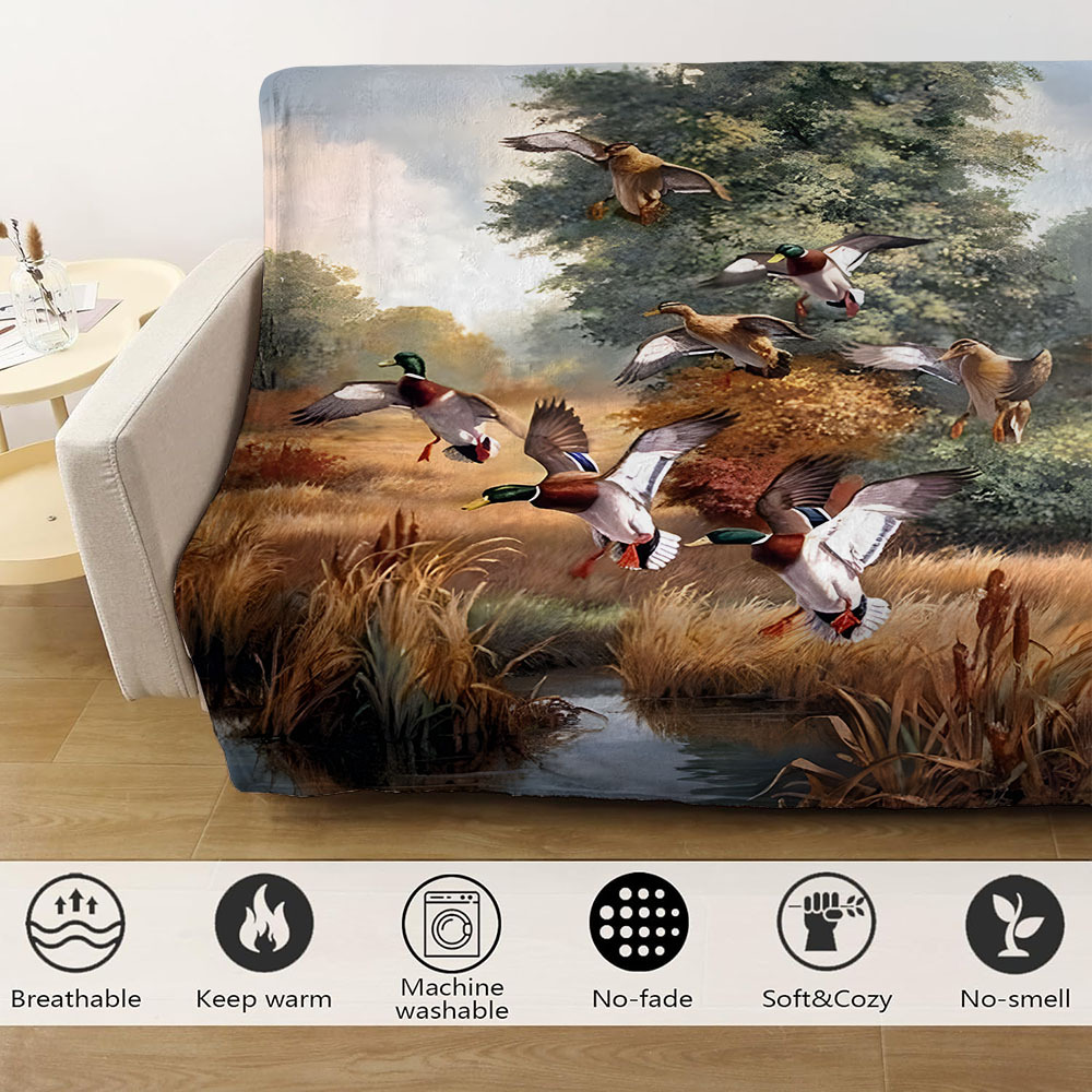 contemporary duck hunting pond design flannel throw blanket hypoallergenic   cozy bedding multipurpose travel camping throw   polyester with ideal gift for   details 1