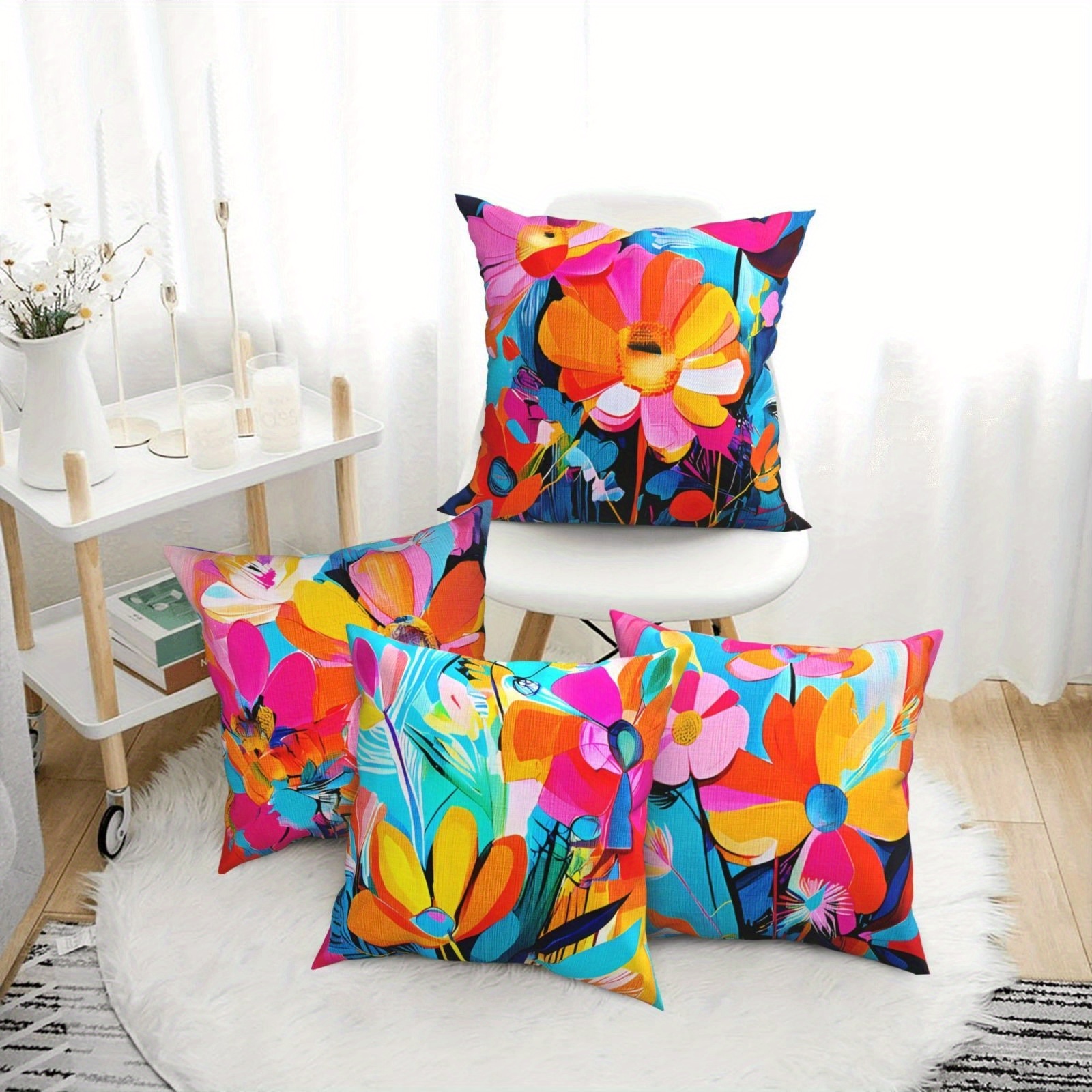 TEMU 4pcs Vibrant Floral Pillow Cover Set - Artistic Decorative Single-sided Decor Sofa Cushion Covers, Square Polyester Pillowcases, Modern Sofa
