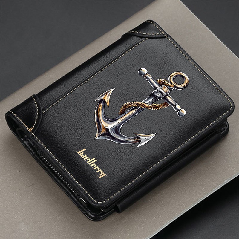 Image of 1pc Men's Retro Anchor Design Bifold Wallet, Made Of Faux Leather, Featuring A Small Coin Pouch With Card Slots And A Zipper Compartment, Ideal For Everyday Use As A Casual Money Clip