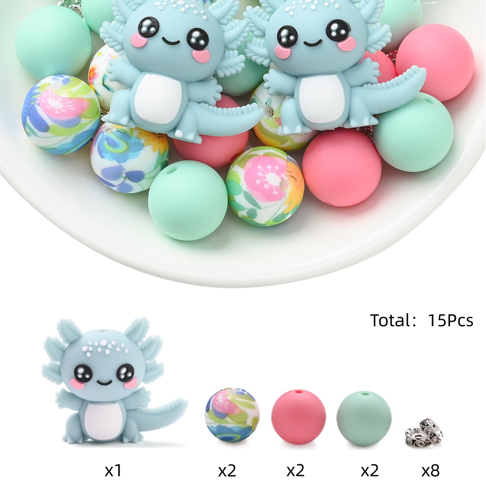 TEMU 15pcs Animal Silicone Bead Set, Colored Salamander-shaped Beads With Round Bead Rhinestone Spacer Beads, Suitable For Holiday Decoration Jewelry