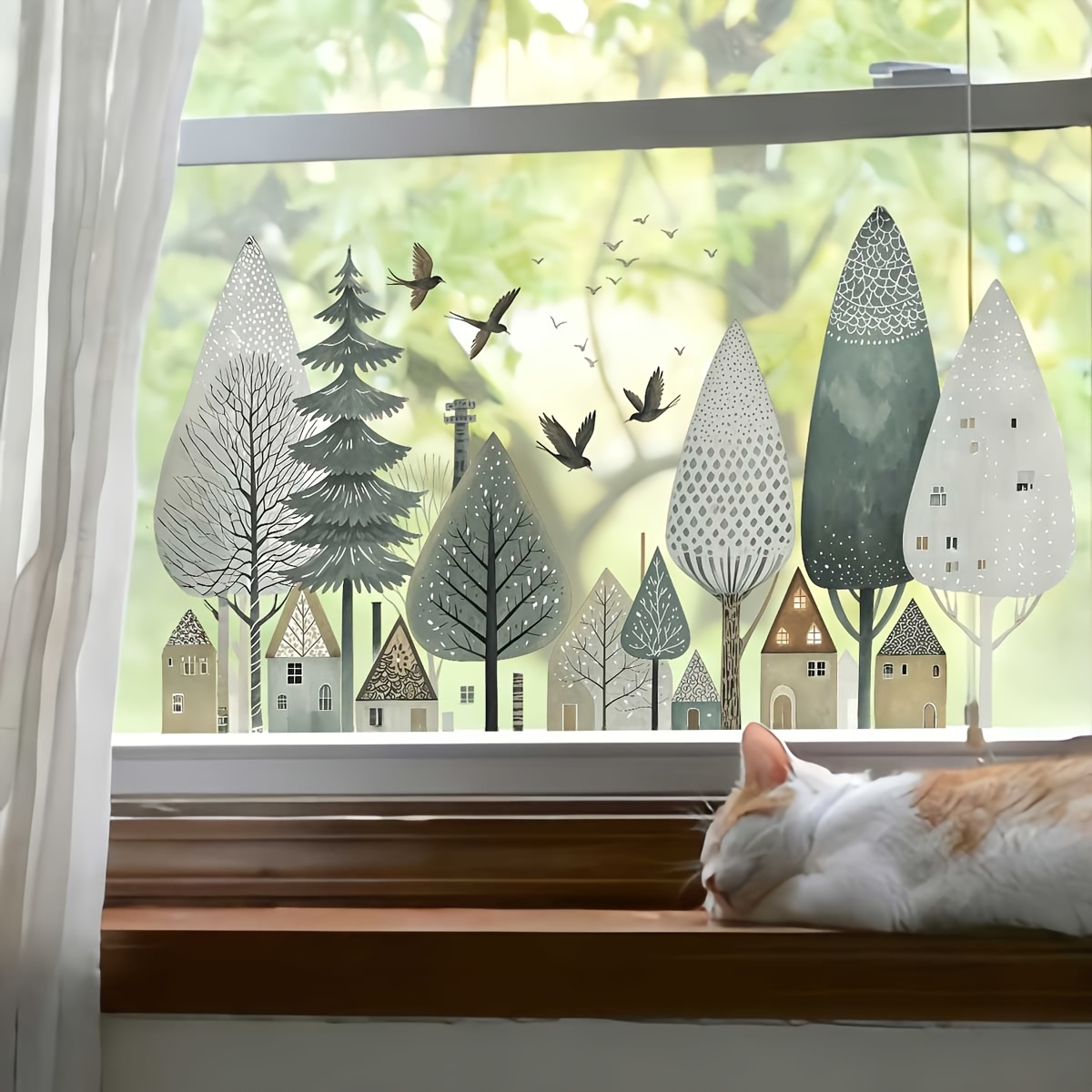 TEMU 2d Flat, 1pc 2d Flat Printed Minimalist Forest-style Town With Window Sticker, Creative Decorative Film For Living Room, Bedroom, Dining Room,