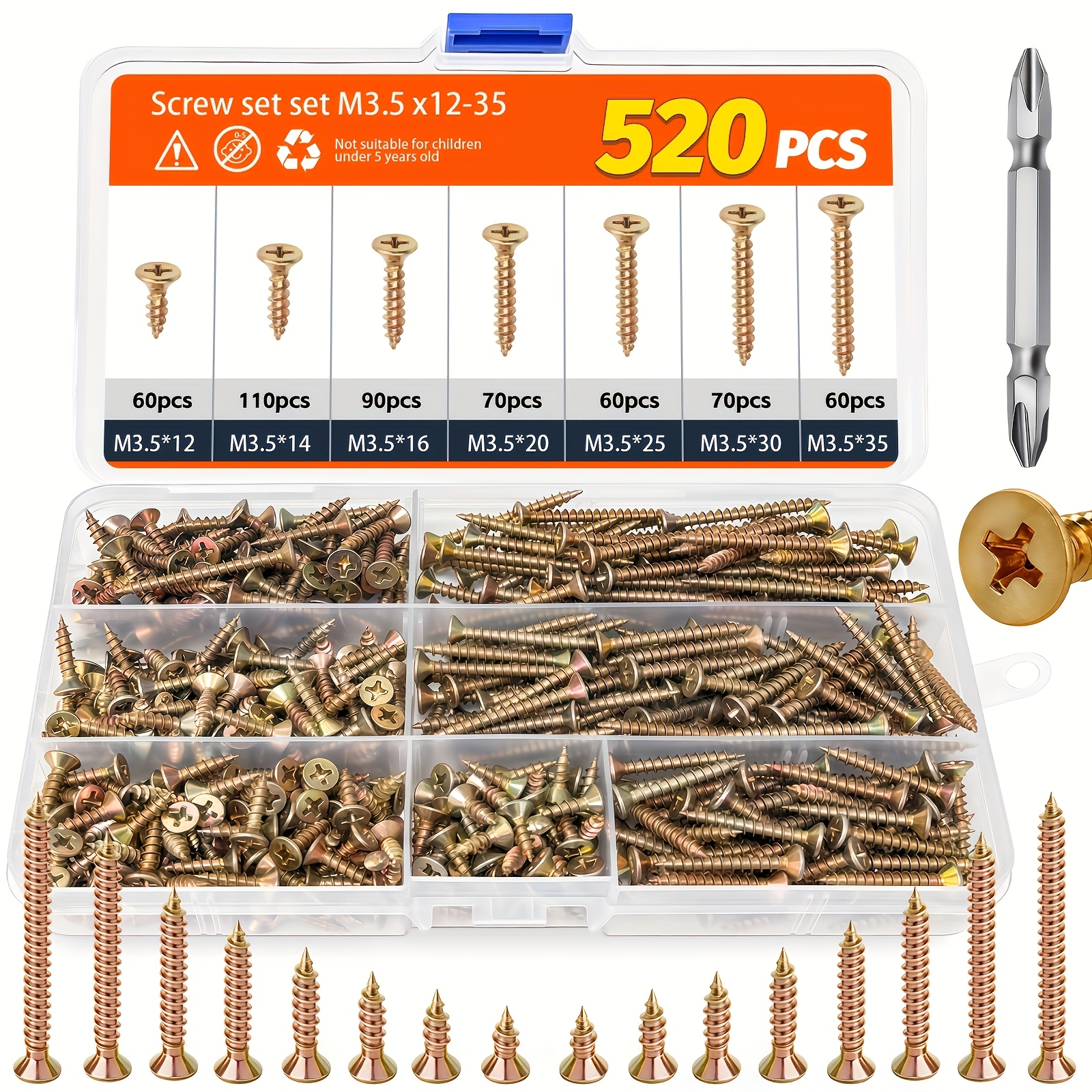 TEMU 520pcs Set Of Drywall Wood Screws | Self-tapping Phillips Screws With A Countersunk Design, Ideal For Wood And Drywall, Home Improvement Tools,