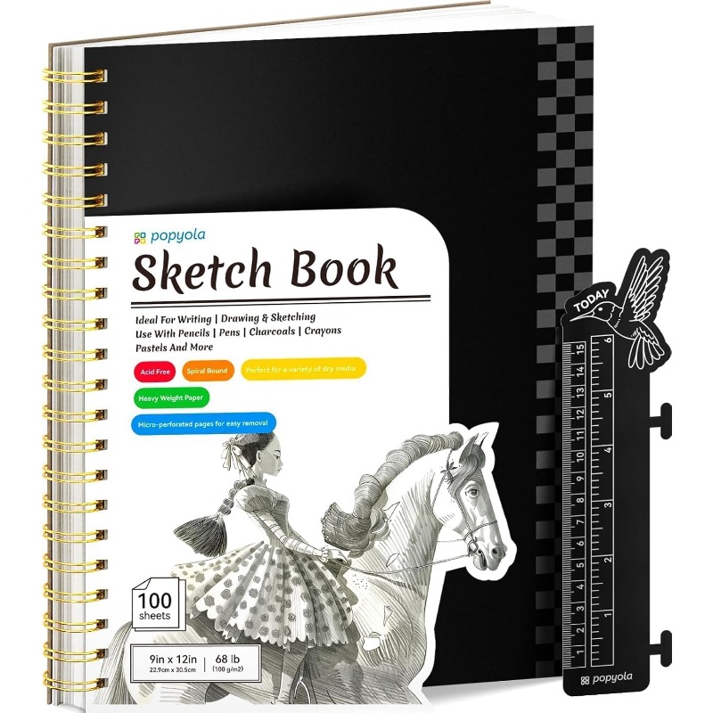 9 x 12 Spiral Sketch Book with Bookmark Ruler, 100 Sheets