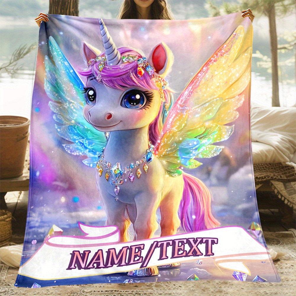 

1pc, Custom Name Cute Unicorn Hd Printed Lightweight Flannel Throw Blanket.gifts For Family Or Friends - Polyester Knitted Sofa, Office, Bed, Travel, Camping, Car With Unique