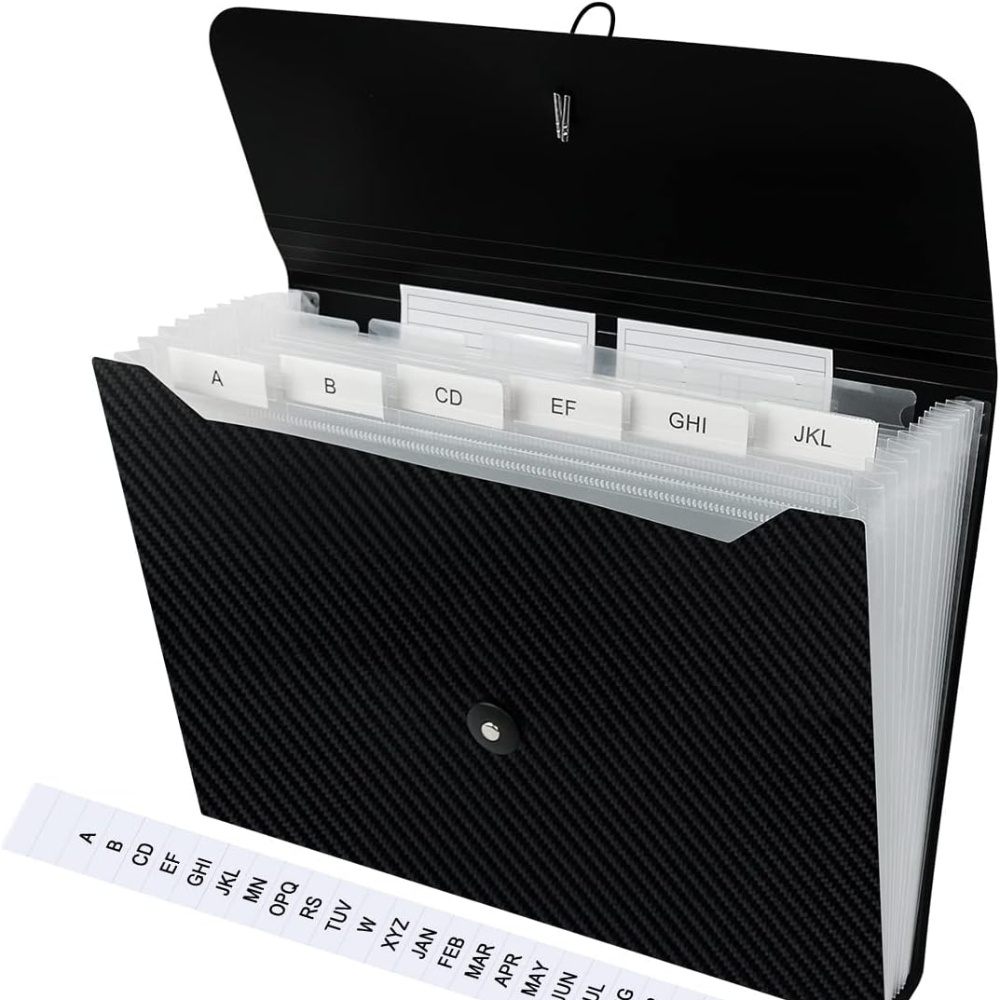 TEMU Expanding File Folder, 7-pocket File Organizer With Tabs & Labels, Expandable Black Plastic File Folders For Letter Size/a4/receipt/bill Paper