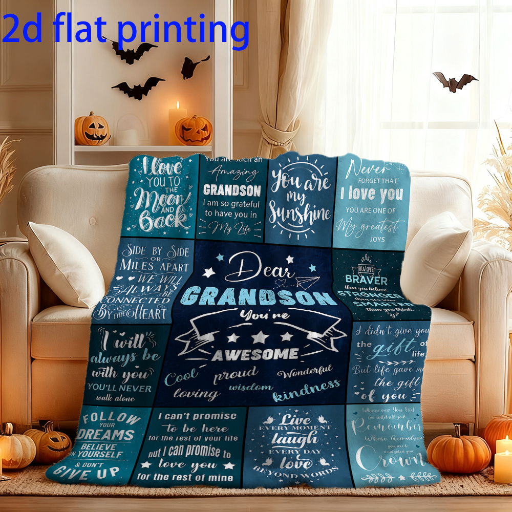 TEMU 1pc 2d Flat "with Wishes To My Grandson" Pattern Printed Blanket, Soft Blanket, In Multiple Sizes Suitable For Halloween And Christmas Holiday