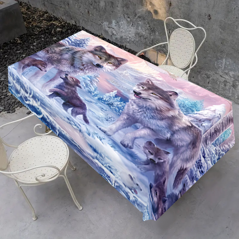 

1pc, Ice And Wolf & Pup Pattern Tablecloth, 1pc, , , , , To , Reusable, Washable, , For Kitchen, , & Decor