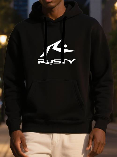 loose fit hoodie with rusty print black sporty crewneck sweater suitable for and casual wear minimalist brand comfortable sporty casual fit ideal for spring autumn and winter styling