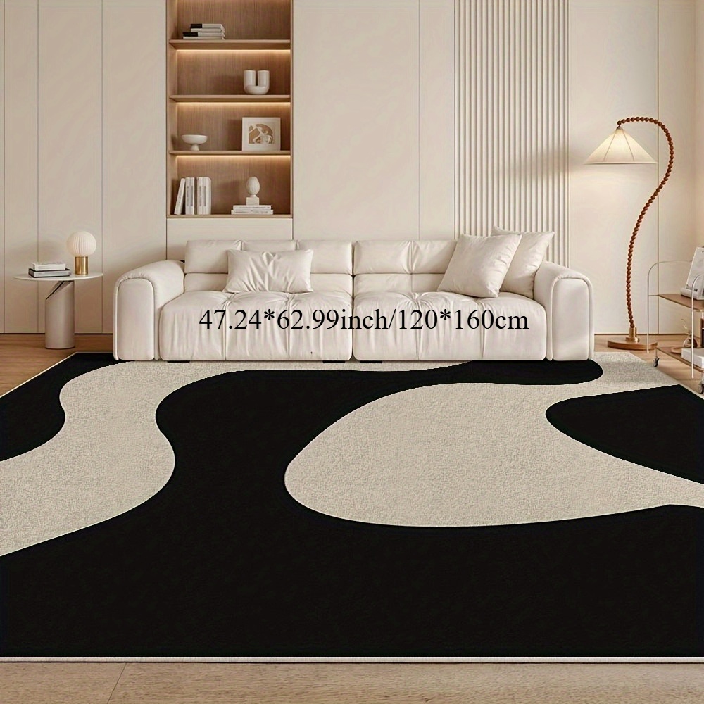 TEMU Modern Abstract Black & Cream Area Mat - Soft Machine-washable Polyester With Non-slip Backing, Rectangular Living Room Bedroom Mat For