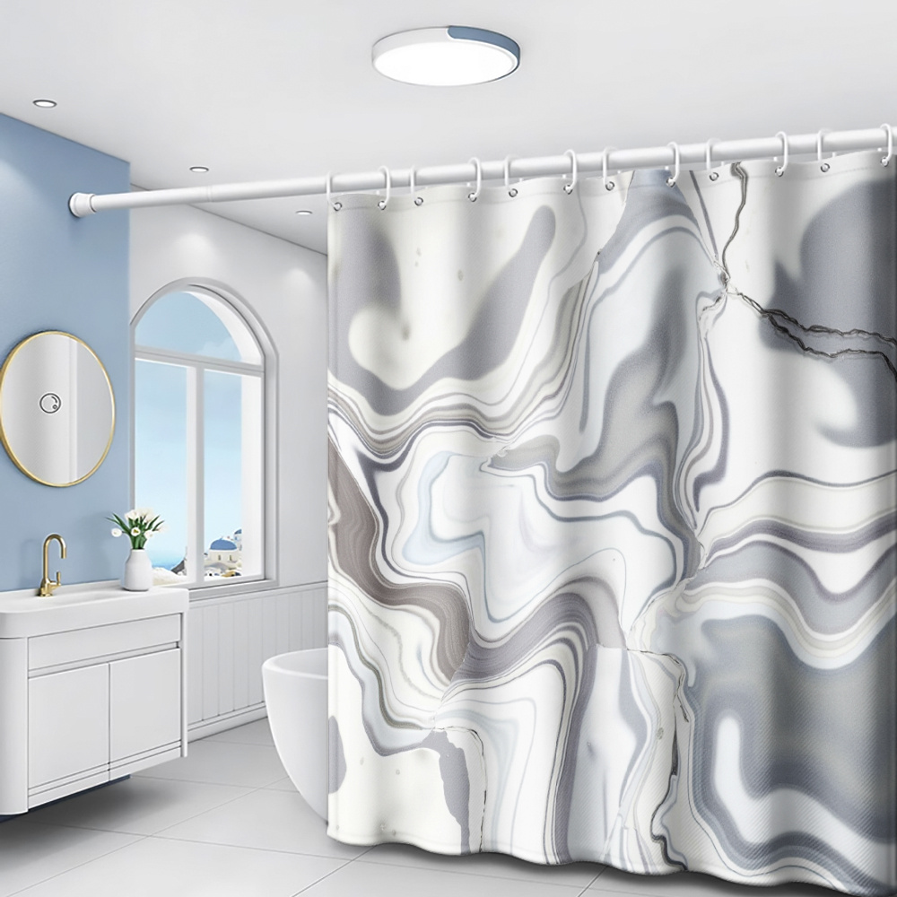 TEMU 1pc Gray And Print Shower Curtain, Minimalist Bathroom Home Decor With Plastic Hooks, Suitable For Home And Hotel, Machine Washable Curtain For