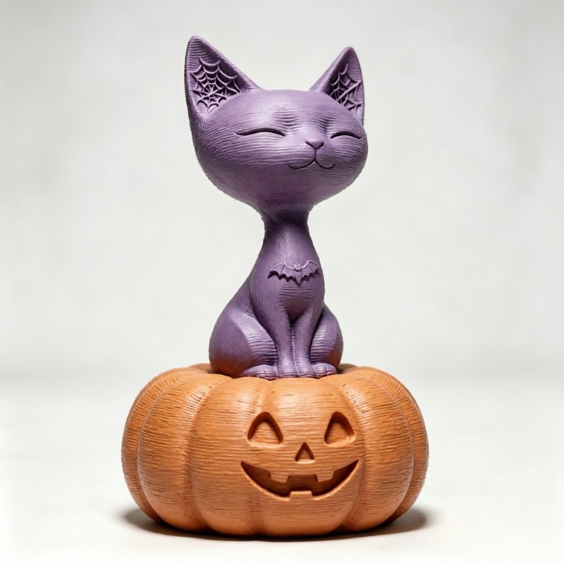 TEMU Halloween Holiday Small Sculpture, Pumpkin And Elegant Purple Cat Sculpture Ornament, Perfect For Spooky And Cute Decor, Suitable For Halloween