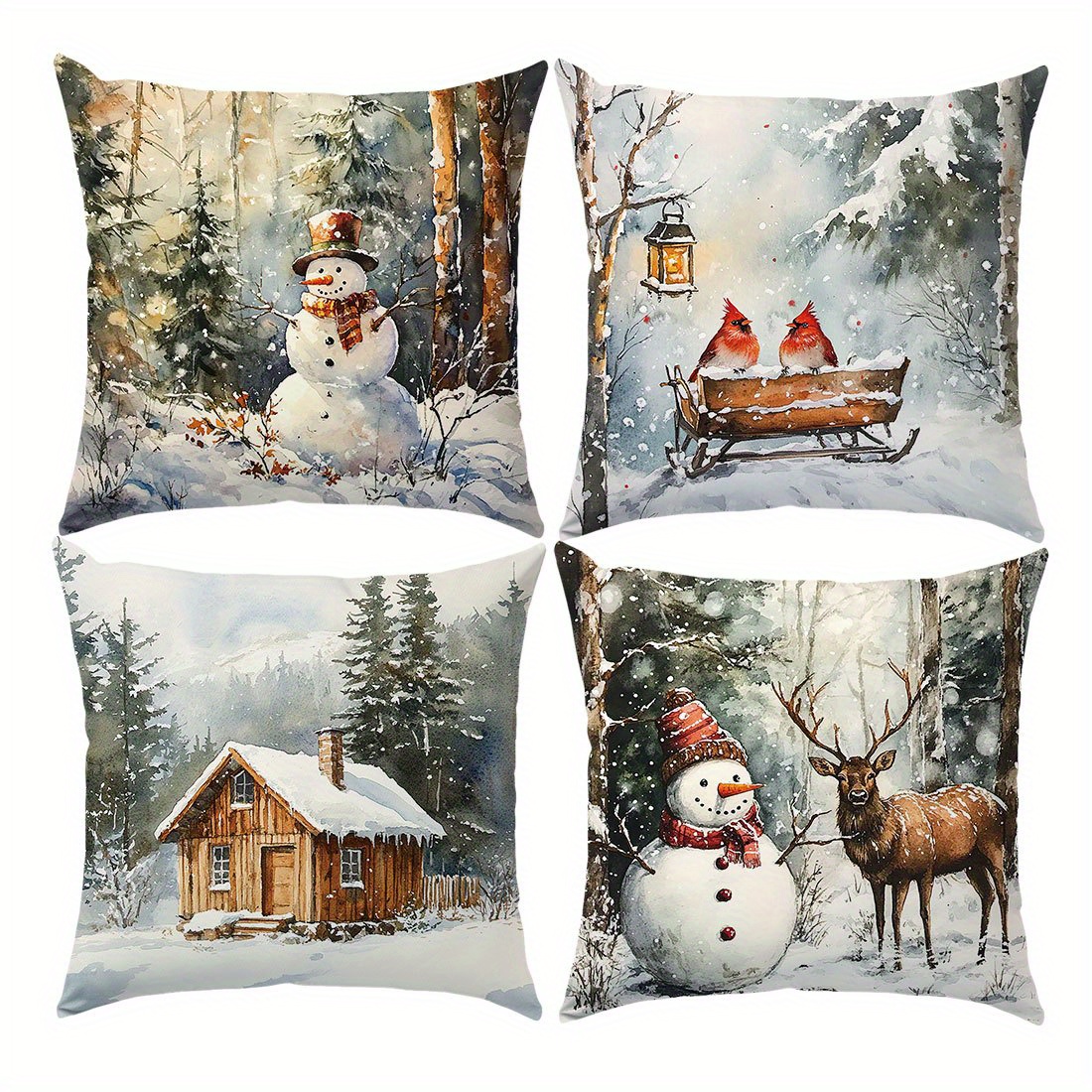 

4pcs Winter Throw Pillow Covers Set - Snowman & Reindeer Design, Soft Velvet, 17.7"x17.7", Zip Closure, Machine Washable For Living Room & Bedroom Decor, , Single-sided Printing, Without Pillow