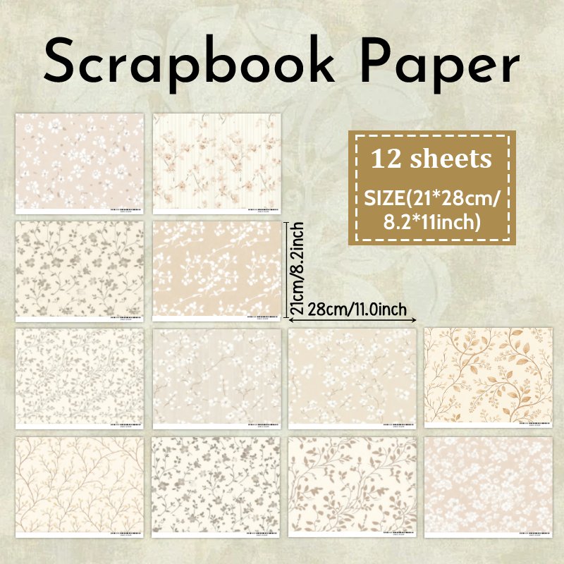 TEMU (upgraded Thickened Paper, High-quality Printing) 12 Sheets A4 Paper, Vintage Floral Pattern, Elegant Beige Plant Style, Craft Supplies