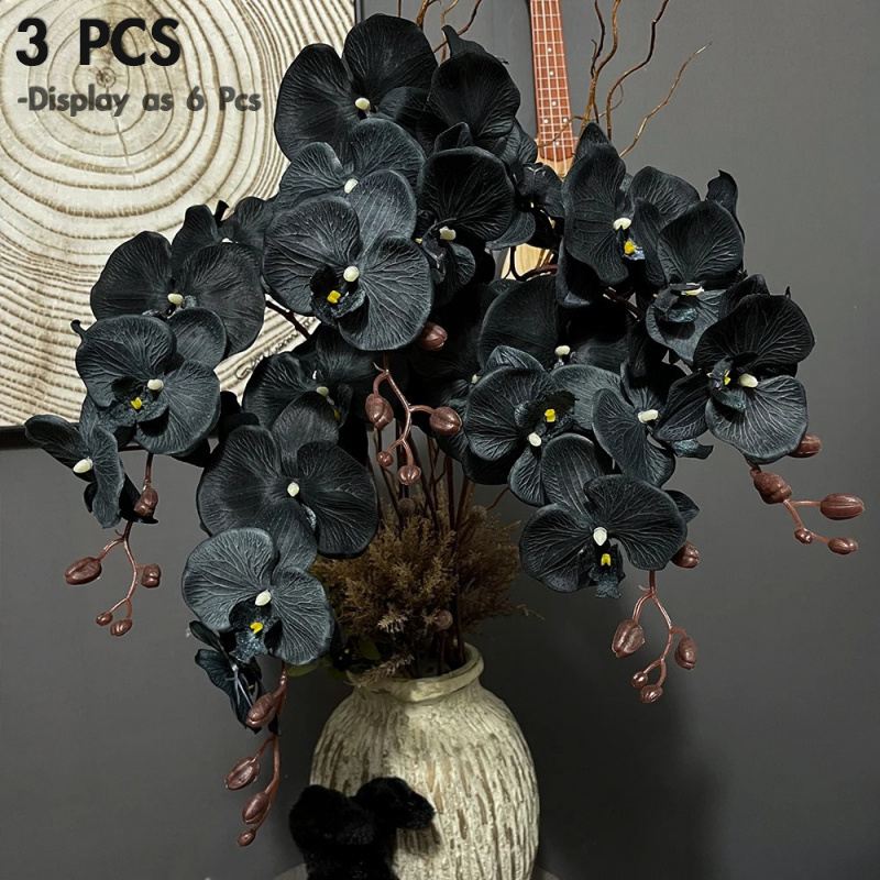 Image of 3pcs Gothic Orchid Set- 8 Ultra-realistic Black Artificial Flowers For Dark Weddings& Holiday Decor(valentine's Day, Christmas), Indoor/outdoor Use