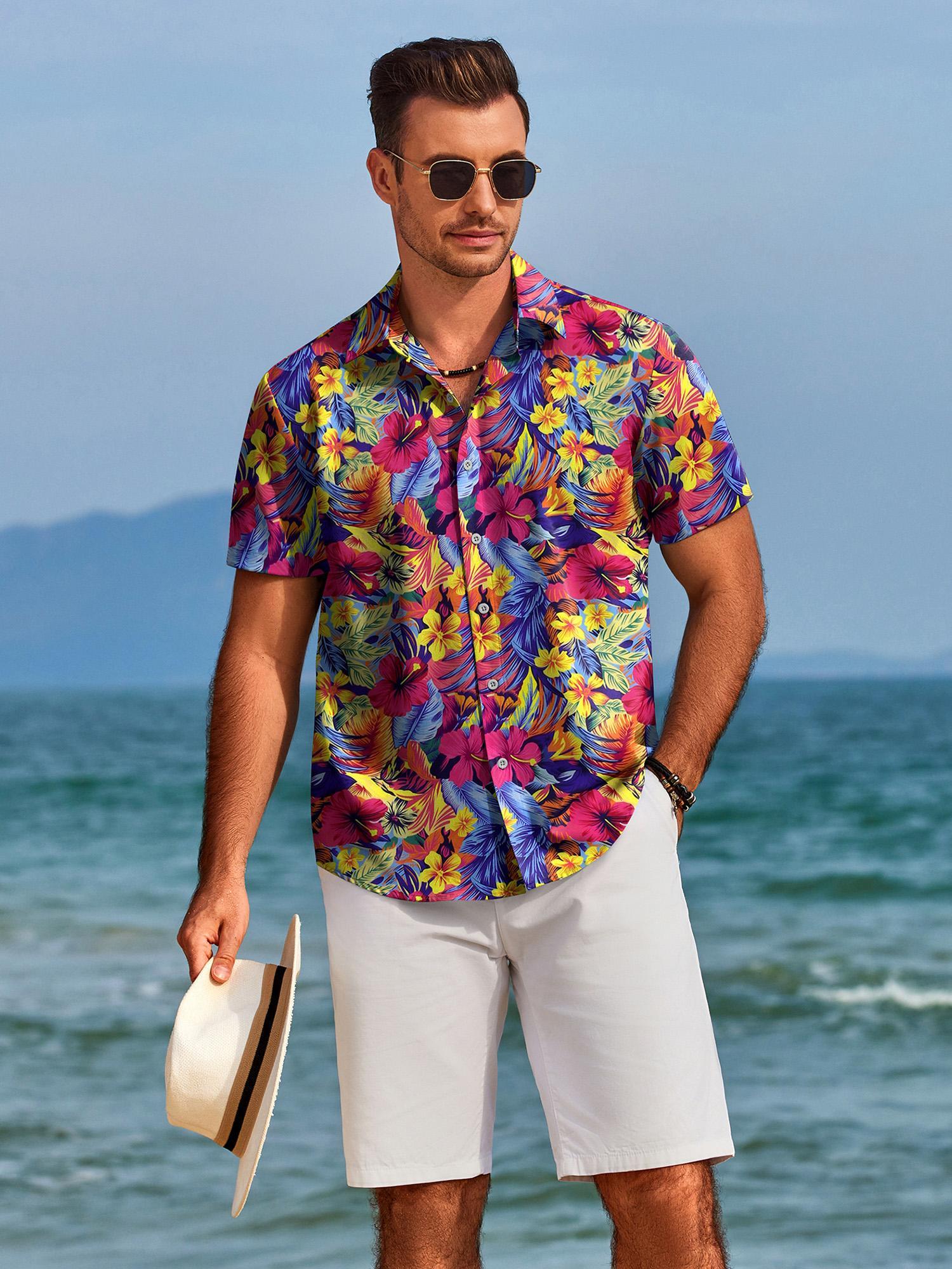 Janmid Men's Floral Hawaiian Shirt - Short Sleeve Button Down, Cotton Blend, Casual Beach & Vacation Wear