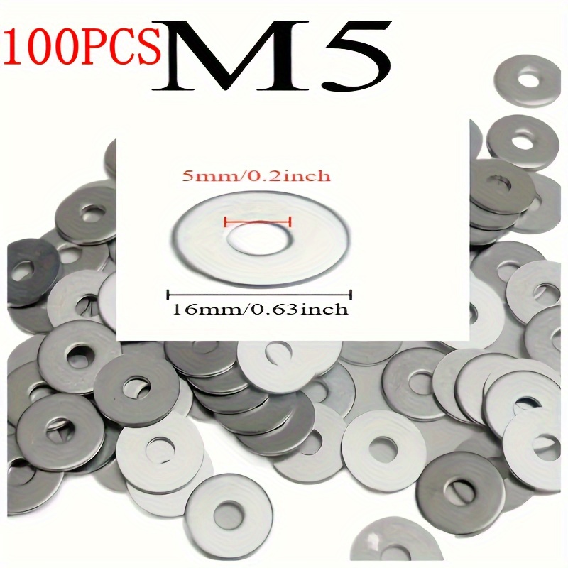TEMU 100pcs 304 Stainless Steel Flat Washers, Thickened Flat Washers, Sizes M4*14*1mm/ M5*16*1mm/ Locking Flat Washers, Suitable For , Flat Washers
