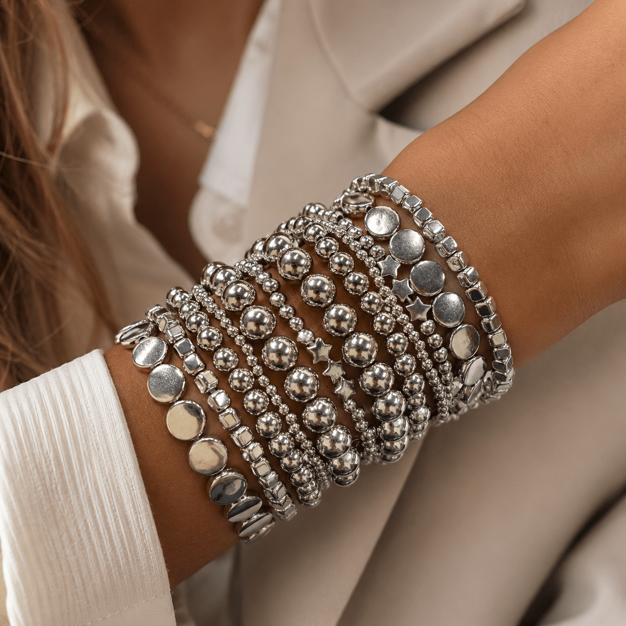 TEMU Ensemble de bracelets empilables 12 pièces Bohème Vintage Style Métallique Facile Tendance Polyvalent Perle Carrée Rondelle d'Étoile CCB Cordon